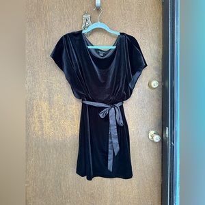 WHBM Black Velvet dress side zipper with satin sash and blousy “cape-sleeves.”